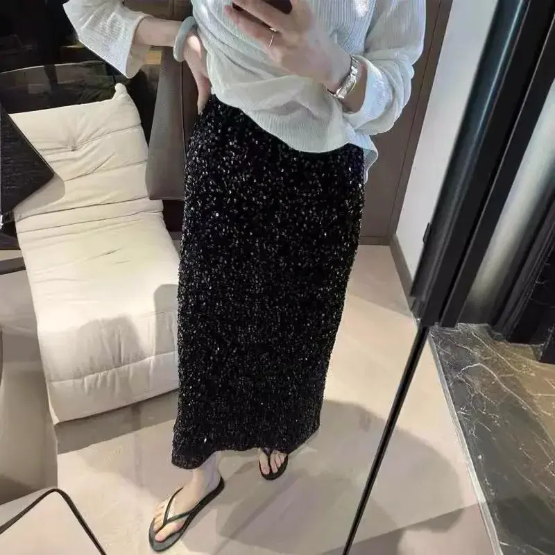 2025 New Fashionable High Waist Slimming Glitter Half Skirt for Women with Elastic Waist and Back Split Elastic Straight Tube Long Skirt 241 b22