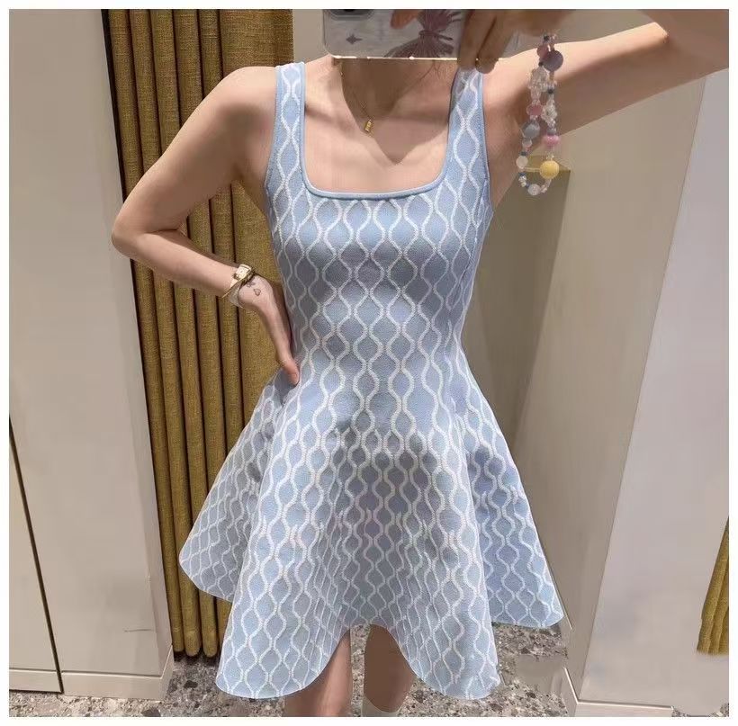 Casual Dresses Women Fashion Plaid Side Pocket Knitted Mini Dress Elegant Backless Sleeveless Pleated A-line 2025 Party Sexy Robes