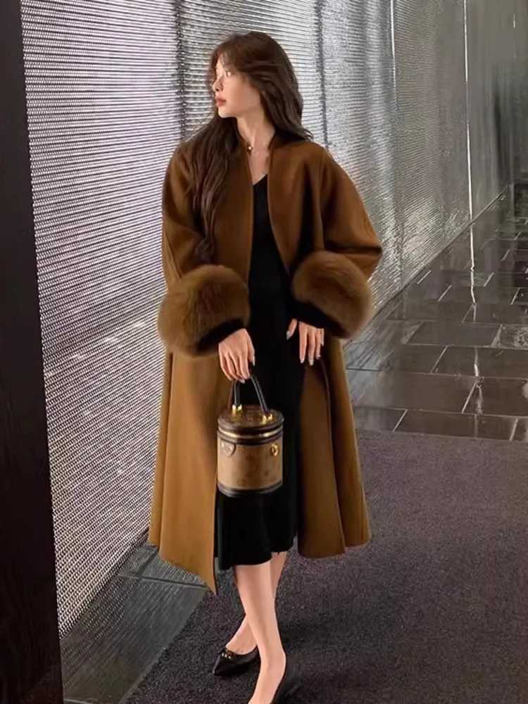 DFDG Caramel Brown Temperament Fashionable 2024 Autumn And Winter New Mid To Long Woolen Coat Jacket For WomenT251224