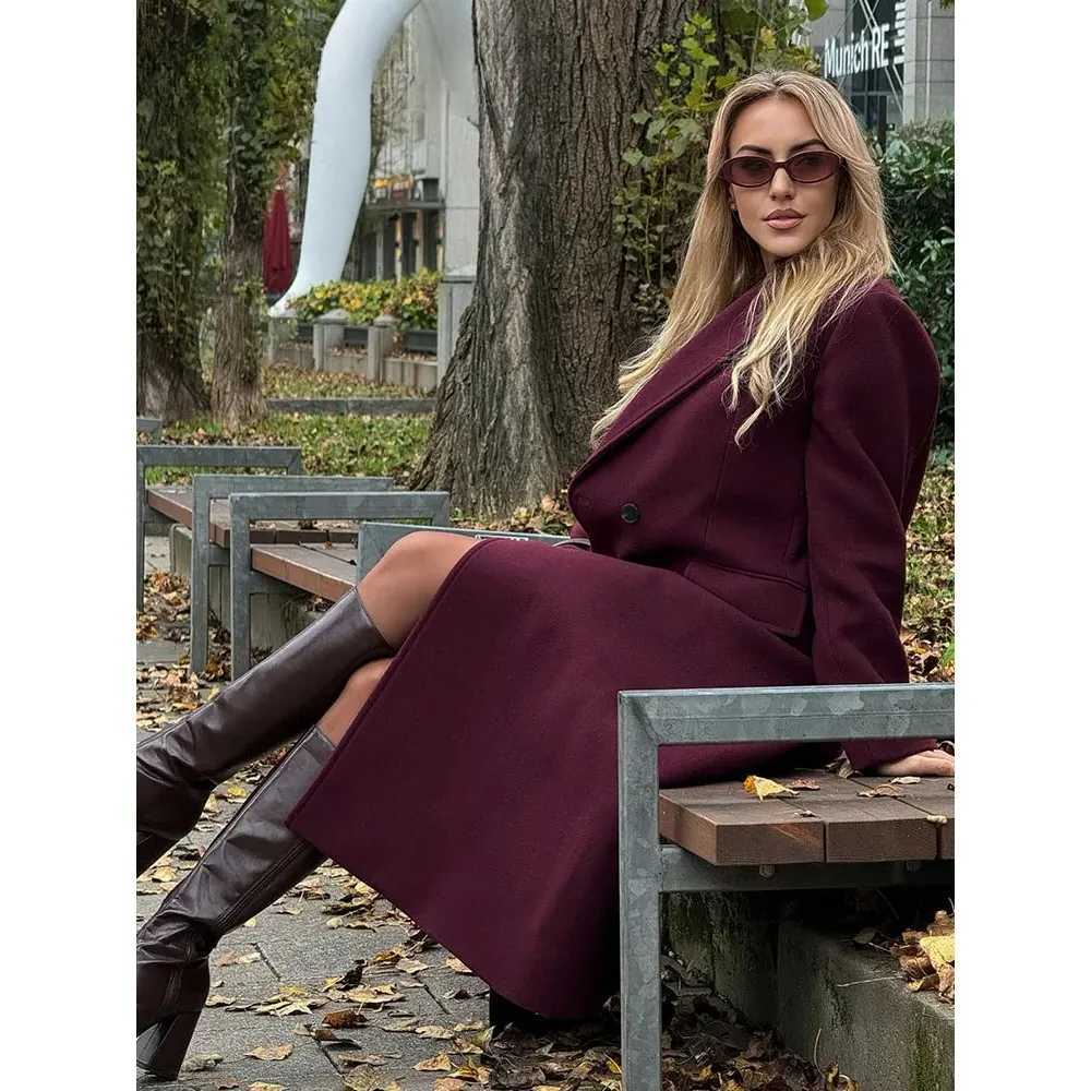 Women Fashion Burgundy Woolen Coat Double Breasted Long Sleeve Lapel Blends Jacket Autumn Winter High Street OuterwearT251224