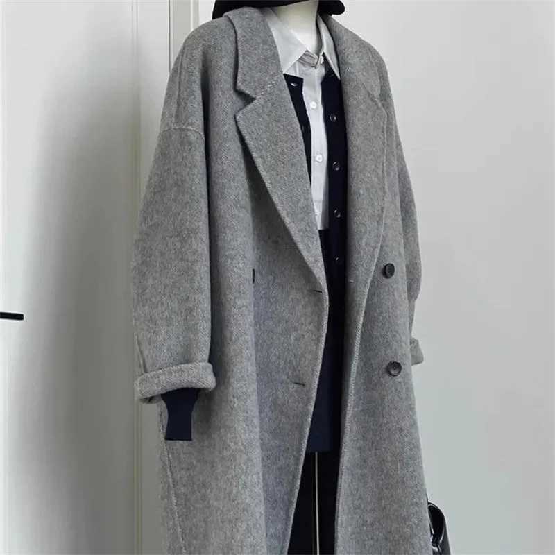 Fashion 100 Wool Coat Woolen Long Coat For Women Oversize Loose Double-Breasted Lapel Overcoat Autumn Lady High Street OuterweaT251224