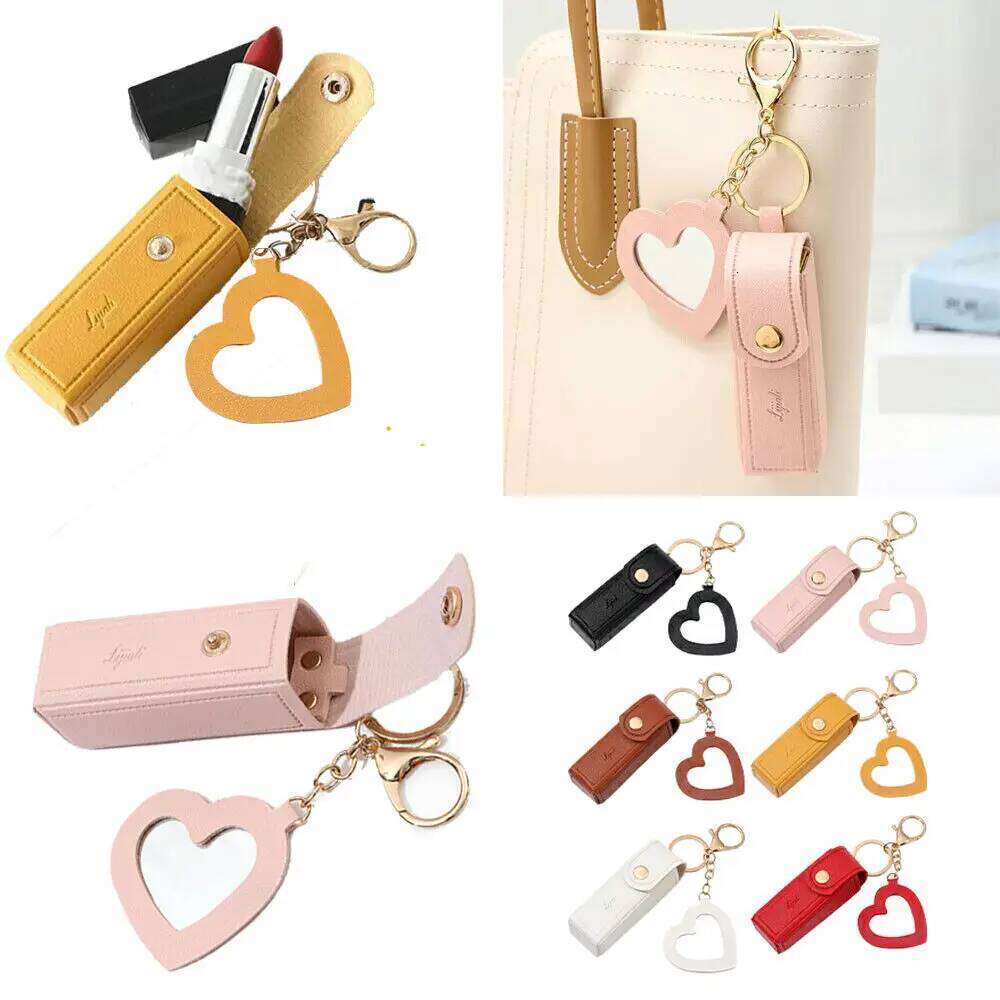 Portable Leather Lipstick Makeup Pouch Lip Balm Bag Keychain Holder Lipsticks Protective Cover With Mirror X251224