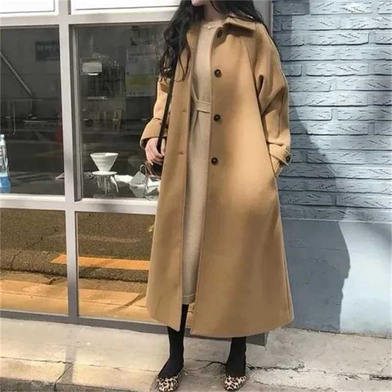 2025 Autumn/Winter New Korean Loose Woolen Jacket Coat Female Slim Temperament With belt Womens Thicken Long Wool OvercoatT251224