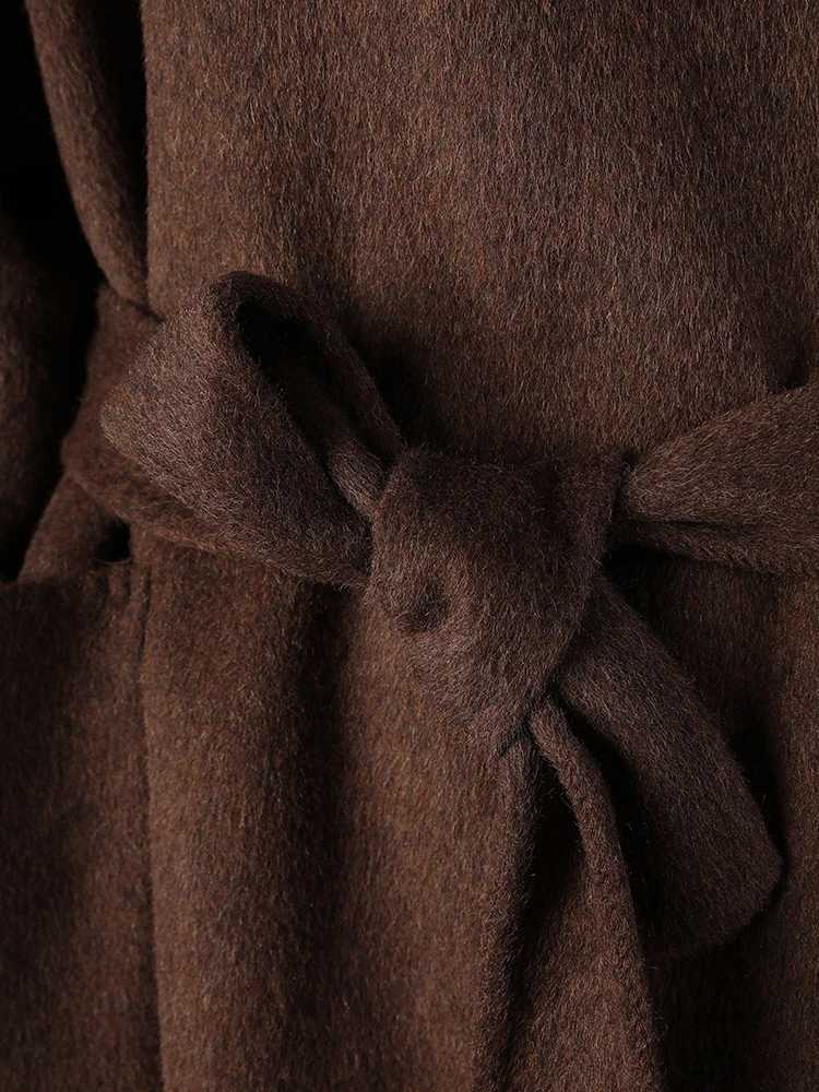 DEAT Fashion Brown Double Side Woolen Coat Womens Lapel Loose Single Breasted Big Pockets Sashes Blends Overcoat Autumn NewT251224