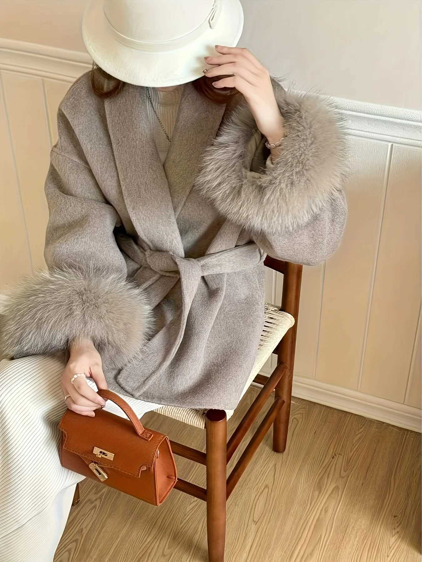 Elegant Directed Womens Autumn Winter New Double-Sided Blended Faux Fur Splicing Long Sleeve Warm Elegant CoatT251224