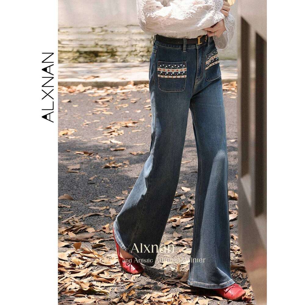 ALXNAN Blue Vintage Jeans High-waist Straight Wide-leg Baggy Pants 2025 Autumn Casual Elegant Office Lady Cotton Trousers L56751 X251224