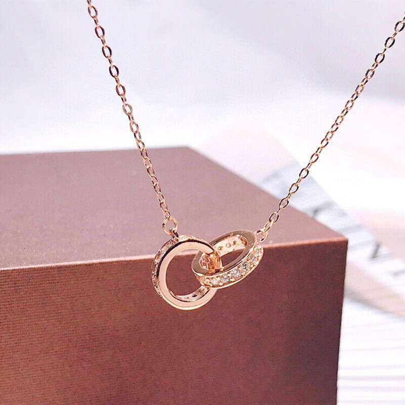 White Copper Electroplated Real Gold Inlaid Diamond Interlocking Necklace for Women Double Ring Pendant Internet Celebrity Niche Design Sense Choker