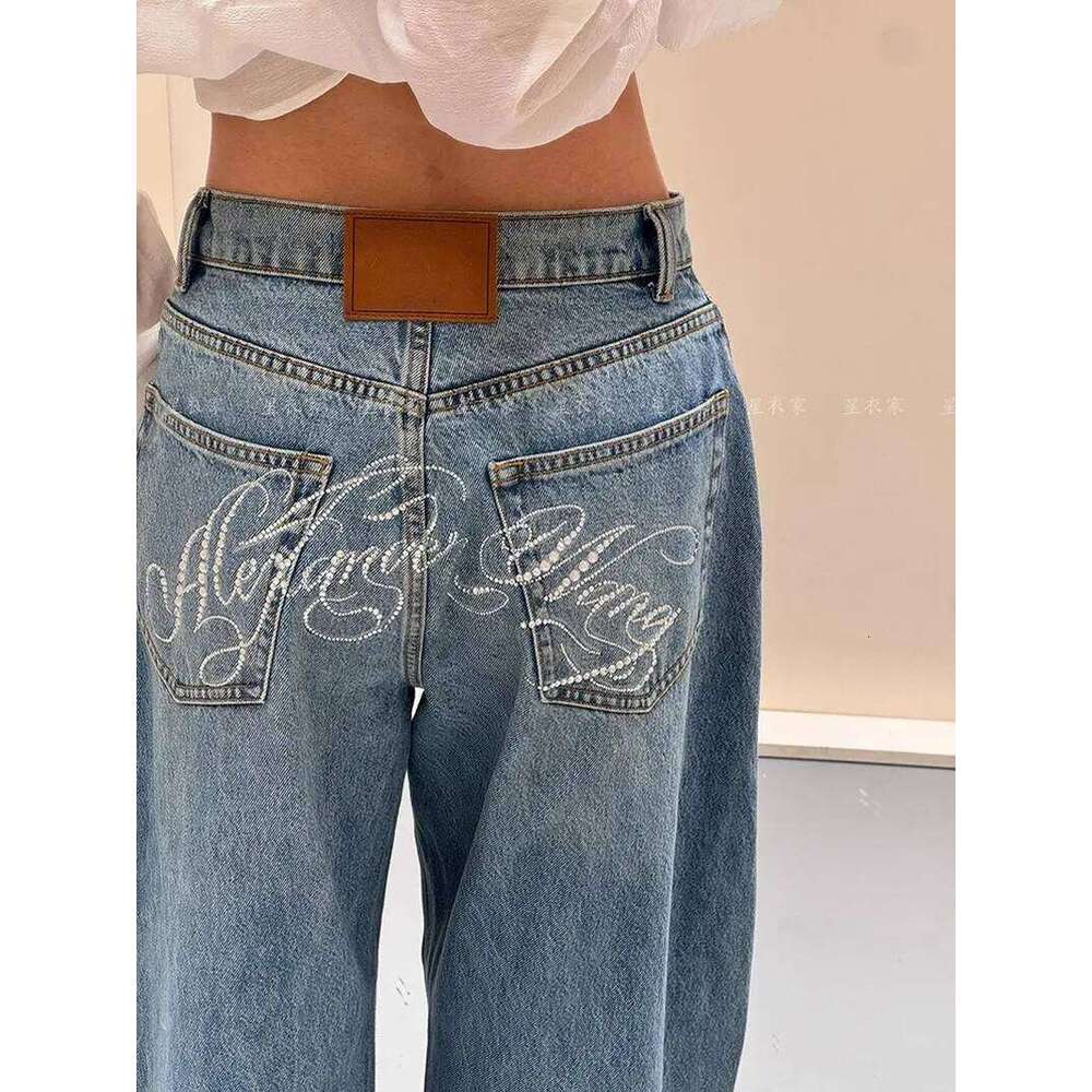 Baggy Blue Jeans for Women Vintage Y2k Letter Rhinestone Straight Denim Pant Streetwear High Waist Wide Leg Trousers X251224