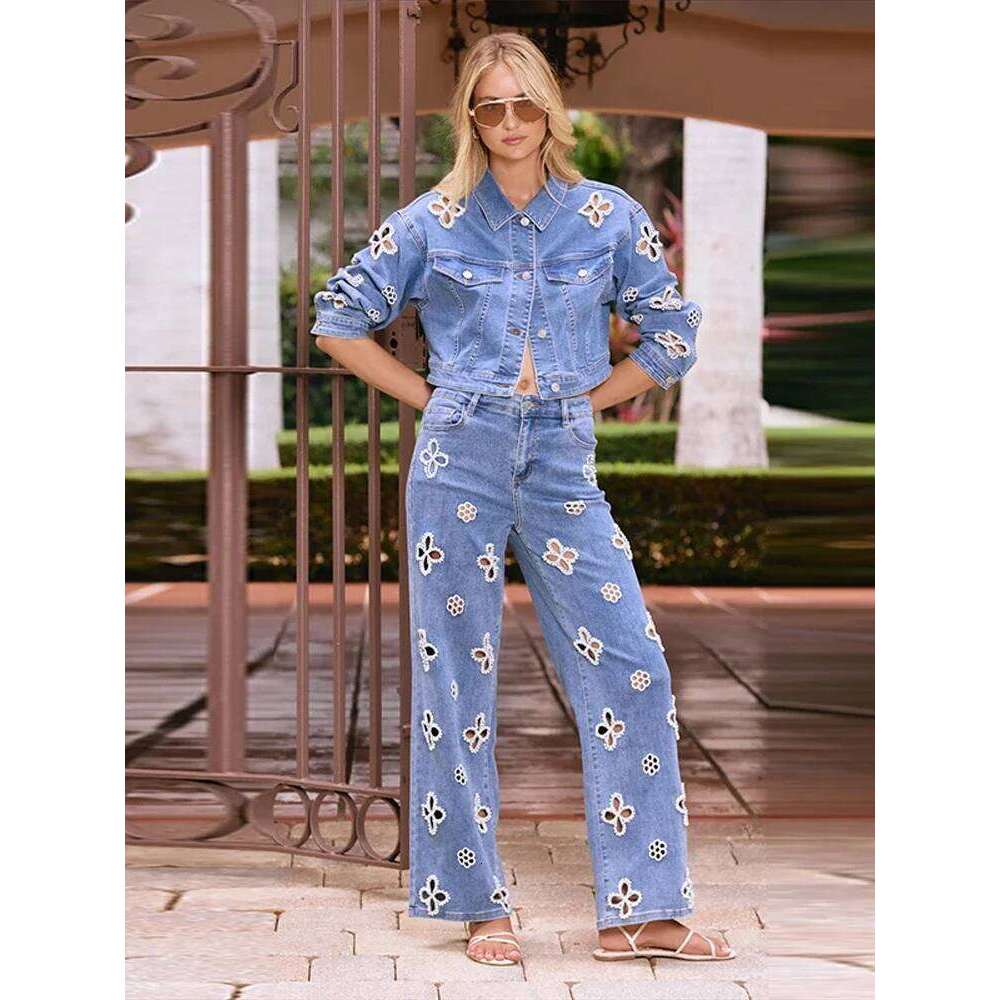 Chic Pearl Flower Cut Out Denim Jeans Pant Women's High Waist Wide Leg Trousers Y2K Style Summer Streetwear Party Casual Pants X251224
