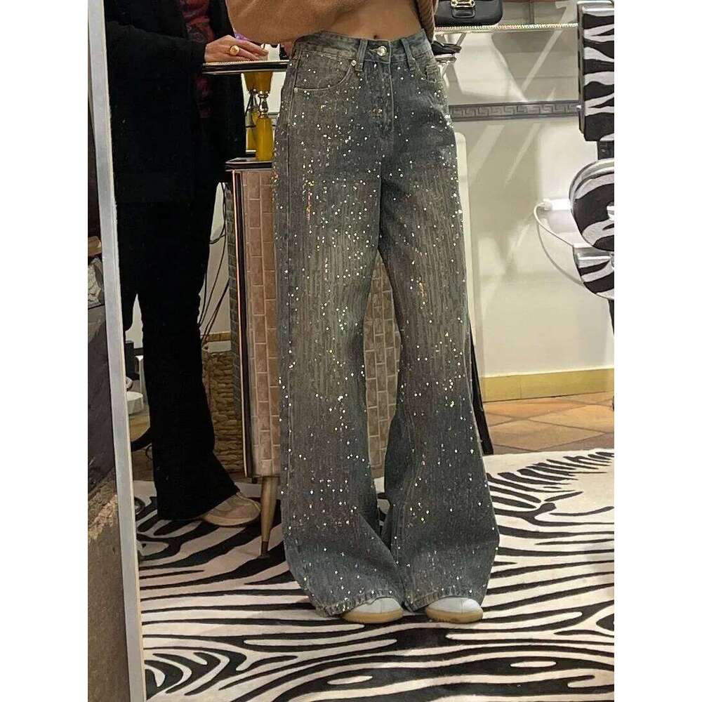 Women's Y2k Baggy Harajuku Vintage Rhinestone Denim Trousers Japanese 2000s Style Oversize Wide Jeans Long Pants Clothes X251224