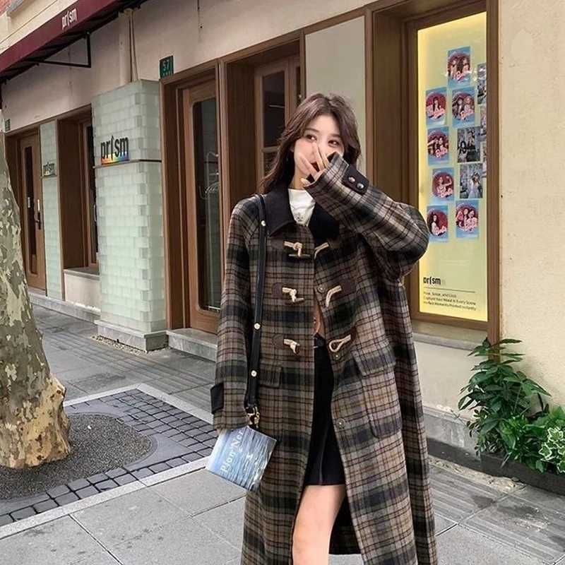 Vintage Plaid Midi Woolen Coats Women Winter Quilted Elegant Preppy Horn Buttons Outwear French Loose Casual Student Simple TopsT251224