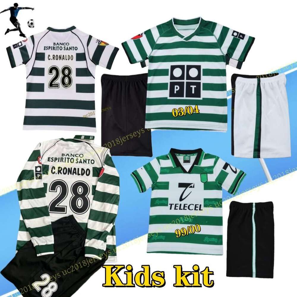 Kids kit 1999-2004 C.RONALDO Sporting Retro Soccer Jersey 99 01 02 03 04 Vintage Maillot QUARESMA Camisa De Futebol M NICULAE Football shirt boys Long sleeves