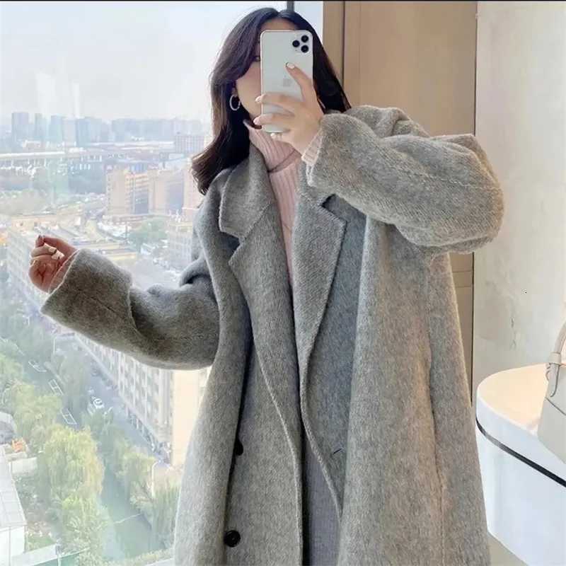 Fashion 100 Wool Coat Woolen Long Coat For Women Oversize Loose Double-Breasted Lapel Overcoat Autumn Lady High Street OuterweaT251224