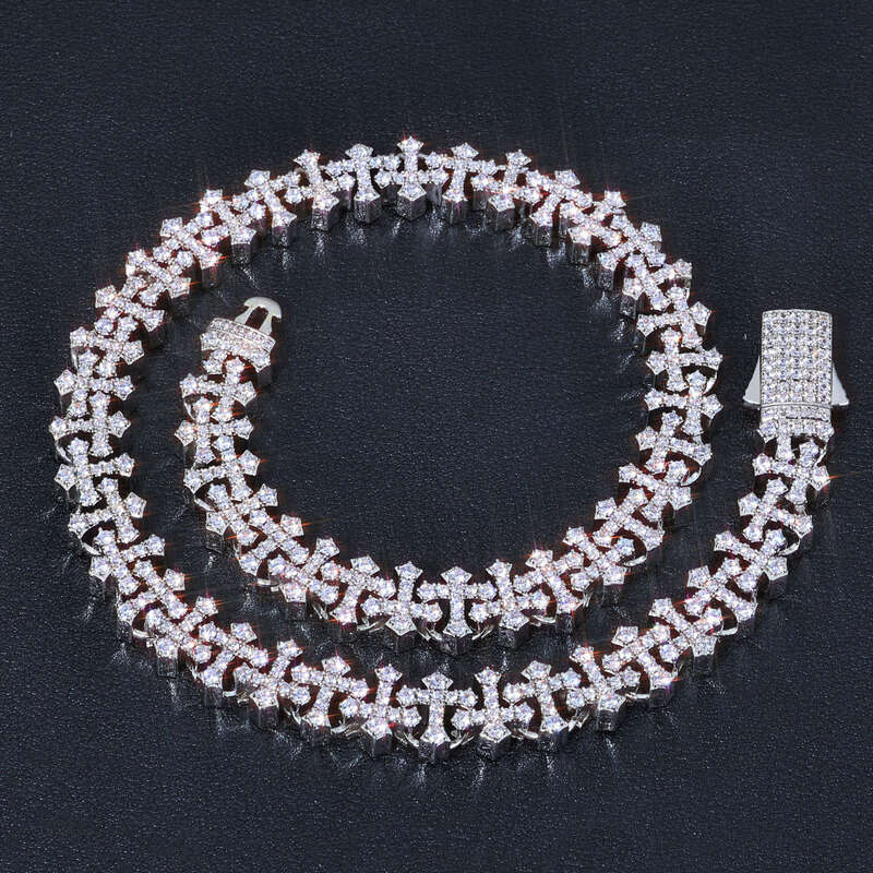 New Design Sterling Sier Gold Plated Link Bracelets Iced Out Vvs Moissanite Full Dia Cross Chain Bracelet