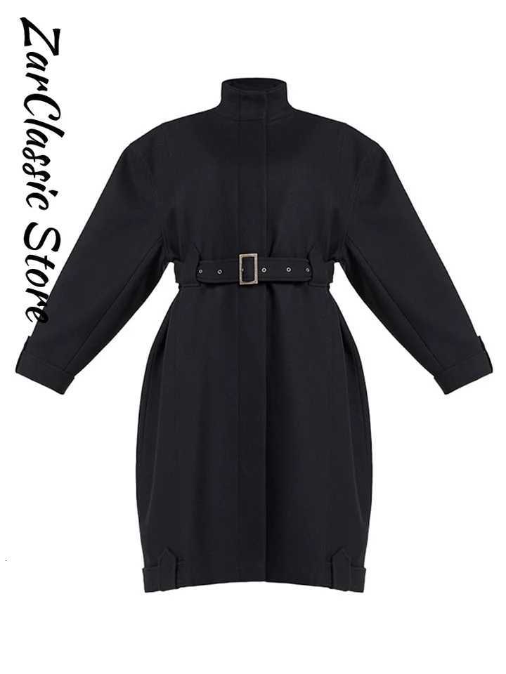 Elegant Stand Collar Belt Mid Woolen Women Coats Warm Single Breasted Full Sleeve Solid Quilted Jackets 2025 Thicken OutwearsT251224