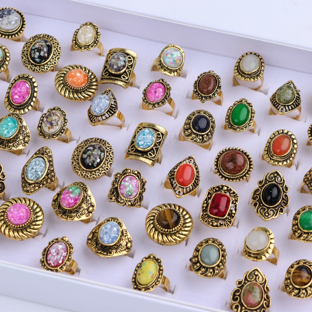 10/20Pcs/Lot Fashion Bulk Vintage Flower Geometry Patten Colorful Stone Open Rings Jewelry For Women Mix Style Party Gifts 251219