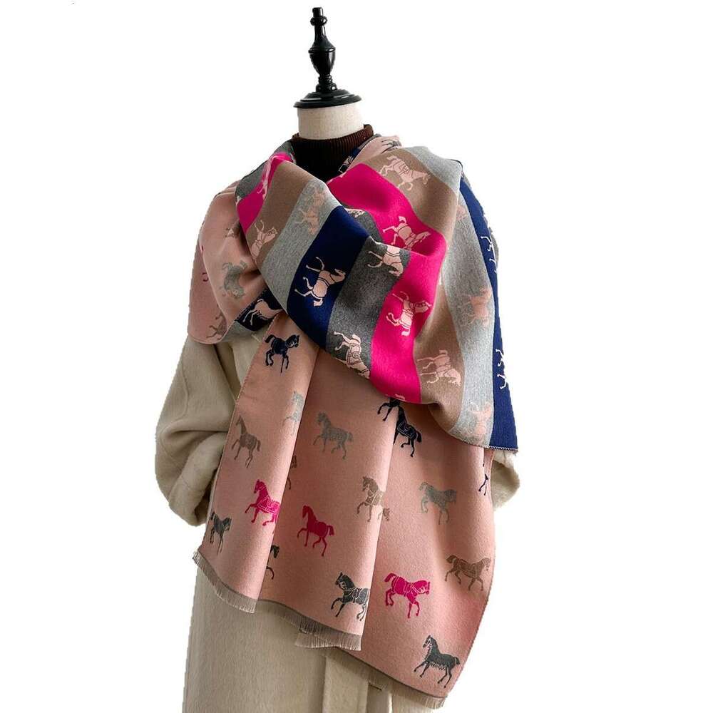 Dh_art Autumn Winter New Warm Imitation Cashmere Scarf for Women Double-Sided Cute Cartoon Horse Color-Block Thickened Neck Warmer Hollow Head Shawl