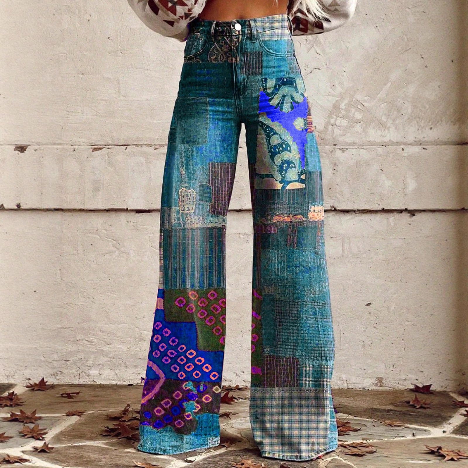 Womens Spring Patchwork Denim Big Flare Pants Vintage Zipper Streetwear Pocket Wide Leg Tassels Mid-Waist Jeans Pants 240822