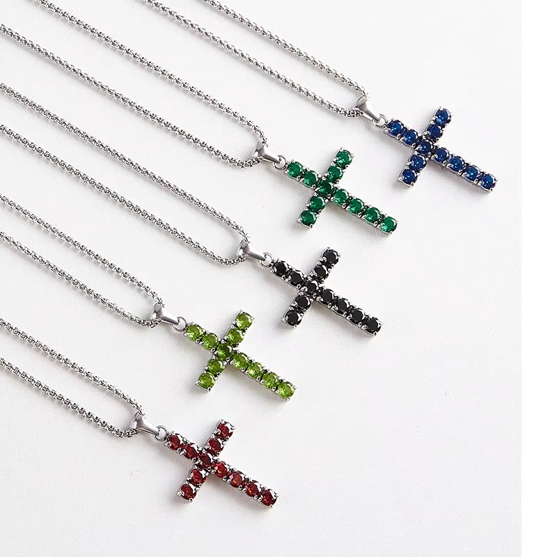 Jewellery Stainless Steel Texture White 5A Zircon Square Cross Pendant Necklace Hip-Hop Style for Daily Wear Gift for All Occasions Textured Urban Acc
