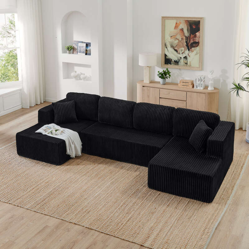 U shape Modular Sofa, Sectional Modern Minimalist Style Corduroy Couch, Sleeper for Living Room, Bedroom, Comfy Compressed Sofa -Black 4049