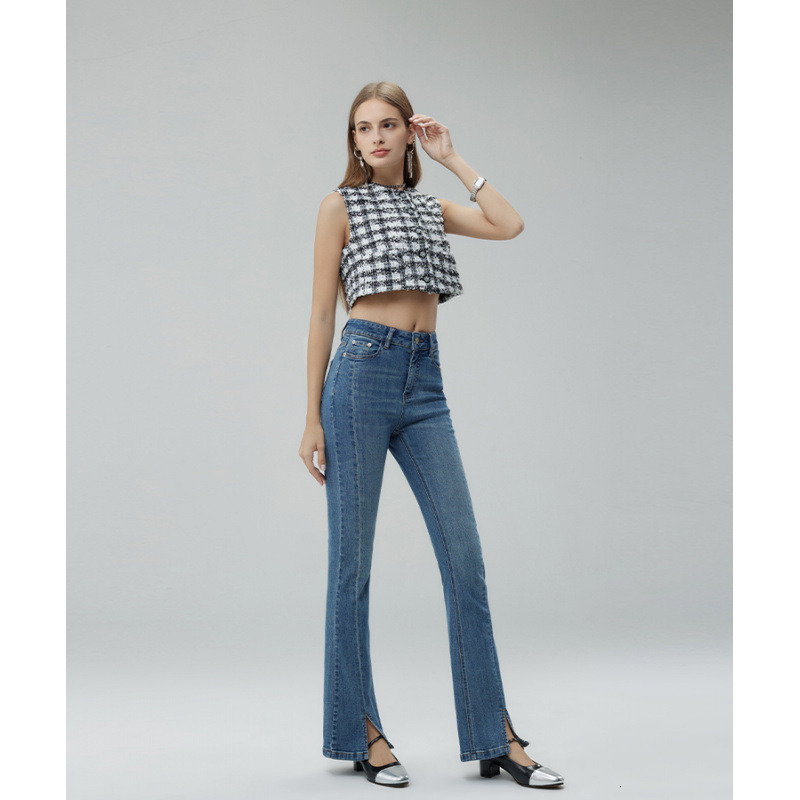 Cotton High Waist Flared Pants for Women 2024 Winter New Design Style Split Versatile Jeans Chic Trouser ddmysept