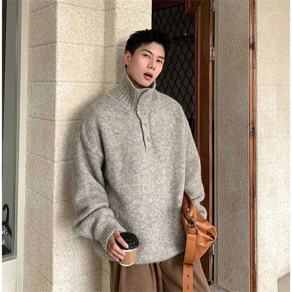 New Men High Collar Knitted Button Up Autumn Winter Warm Outerwear Loose Lazy Style Fashion Turtleneck Knit Sweater