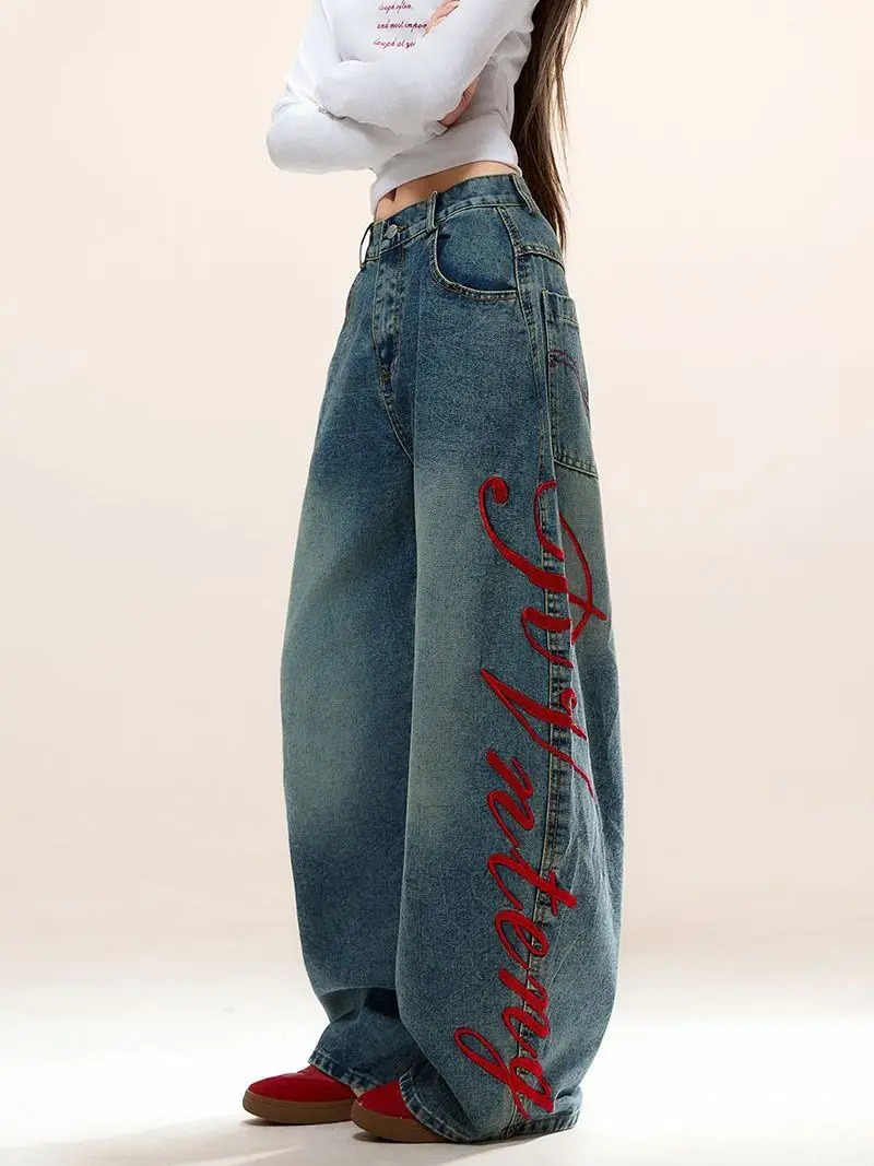 Y2K Vintage American Letter Embroidered Scimitar Baggy Jeans Women Autumn Contrast Color Harajuku Hip Hop Wideleg 251225