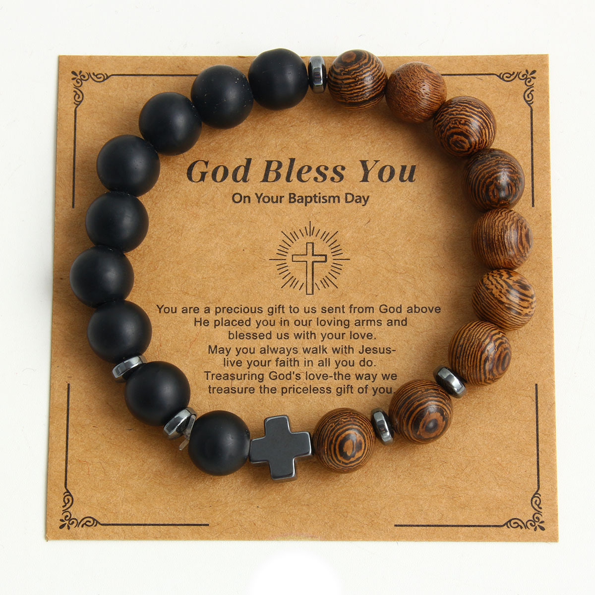 Hot-selling Hand Jewelry Natural Stone Frosted Stone Wooden Bead Bracelet Cross Bracelet 250603