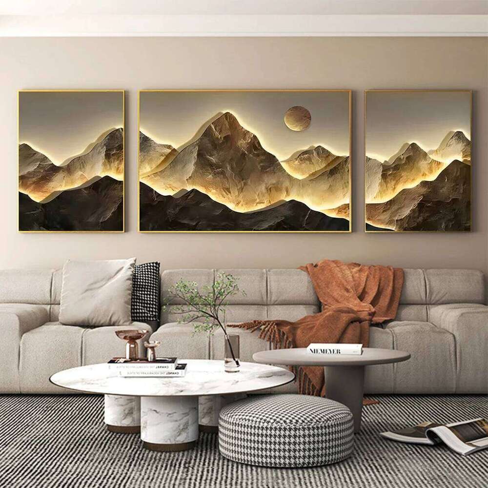 3pcs/set Flat 2D Gold Mountains Full Moon Wall Arts Prints Posters Classic Luxury Canvas Painting Home Decor Art Poster-unframed 25T1225