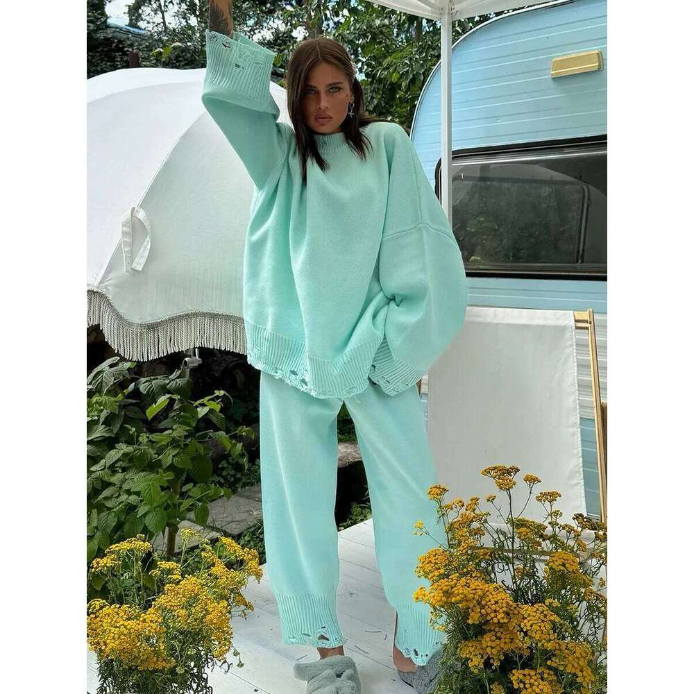 Two Piece Ripped Set Women Knit Tracksuits O Neck Long Sleeve Casual Baggy Sweatshirts Joggers Pants Outfits Fall Winter