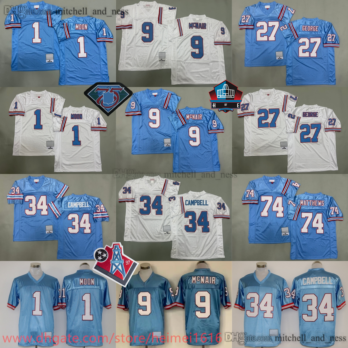 1979 M&N Throwback Football 34 Earl Campbell Jersey 1997 Classic Retro Stitched 1 Warren Moon 9 Steve McNair 27 Eddie George 74 Bruce Matthews Jerseys Sport Uniform