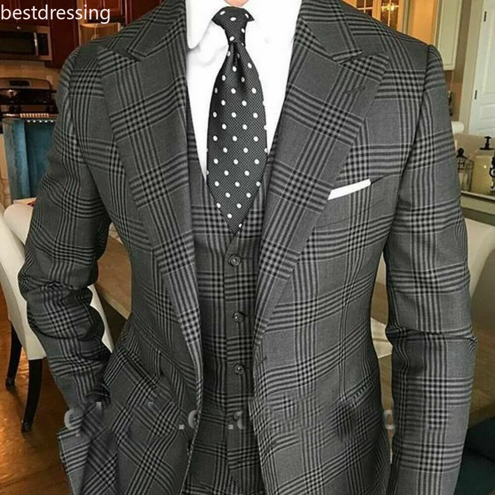 Dark Grey Mens Plaid Suits British Style Slim Notch Lapel Groom Party Tuxedo Wedding Tuxedos For Men Formal Prom Suit (Jacket+Pants+Vest) 1218