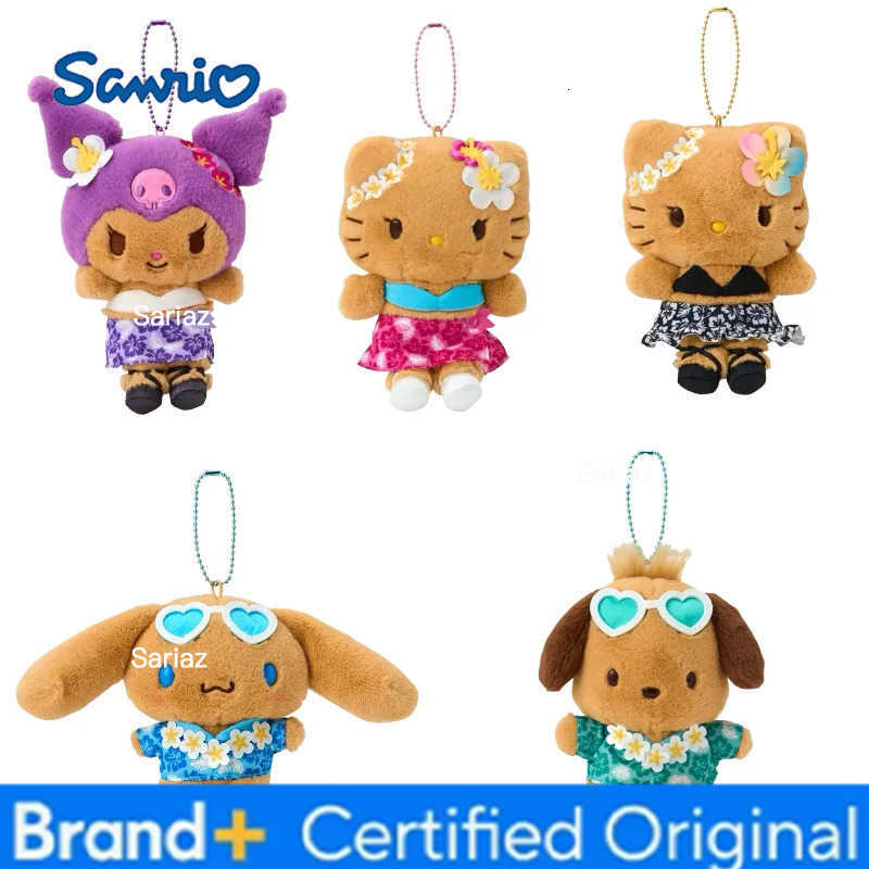 Sanrio NEW Hawaiian sunbathing Kuromi Cinnamoroll Melody Plush Keychain summer tan dark skin Kitty cat Plushine Doll Pendant H251225