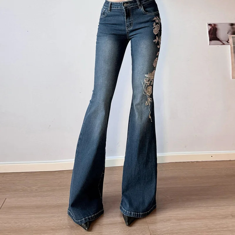 Floral Embroidery Jeans Vintage 2000s Low Rise Flared Women Retro Y2k Baggy Denim Pants High Street Basic Trousers 251225