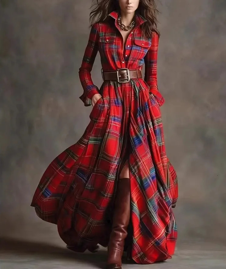 French Womens Plaid Dress Shirt Button Cardigan Lapel Fashion Belt Pocket Irregular A-line Long Skirt for Female 251222