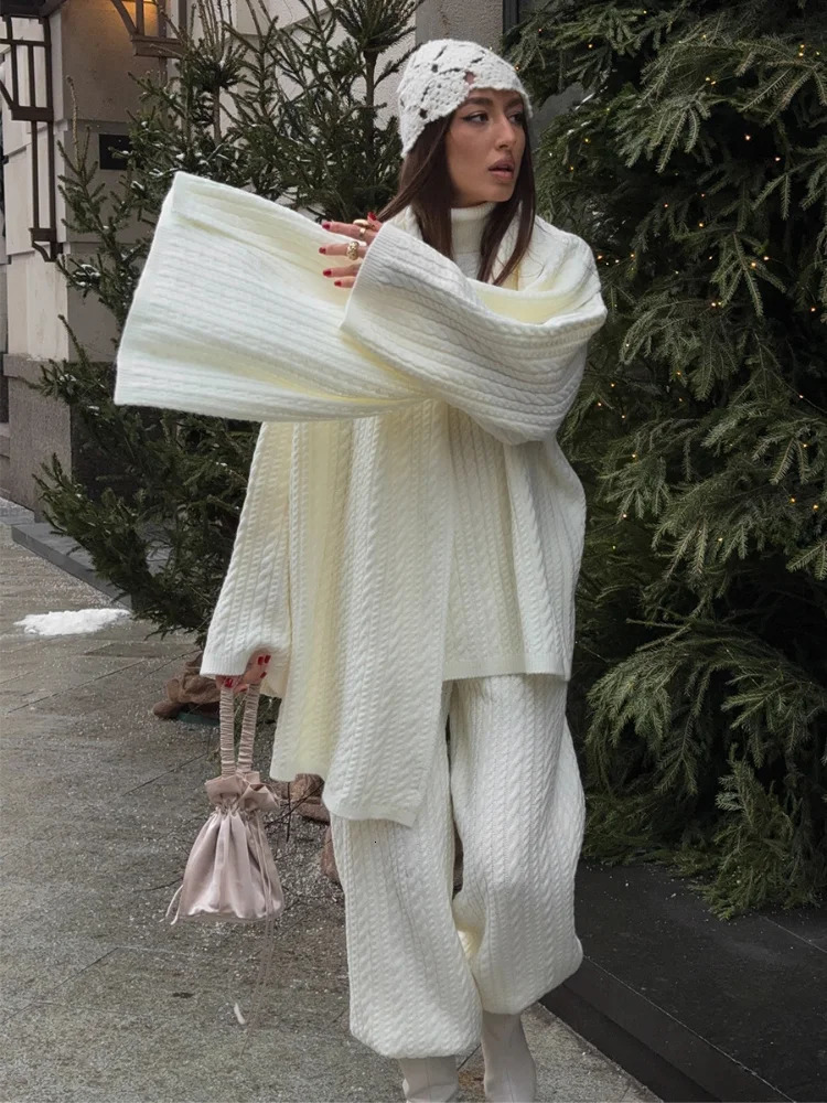 Solid Knitted Sweater Pants 2 Piece Suit Elegant Women High Collar Pullover Loose Trousers Set Autumn Winter Female Outfit 251225