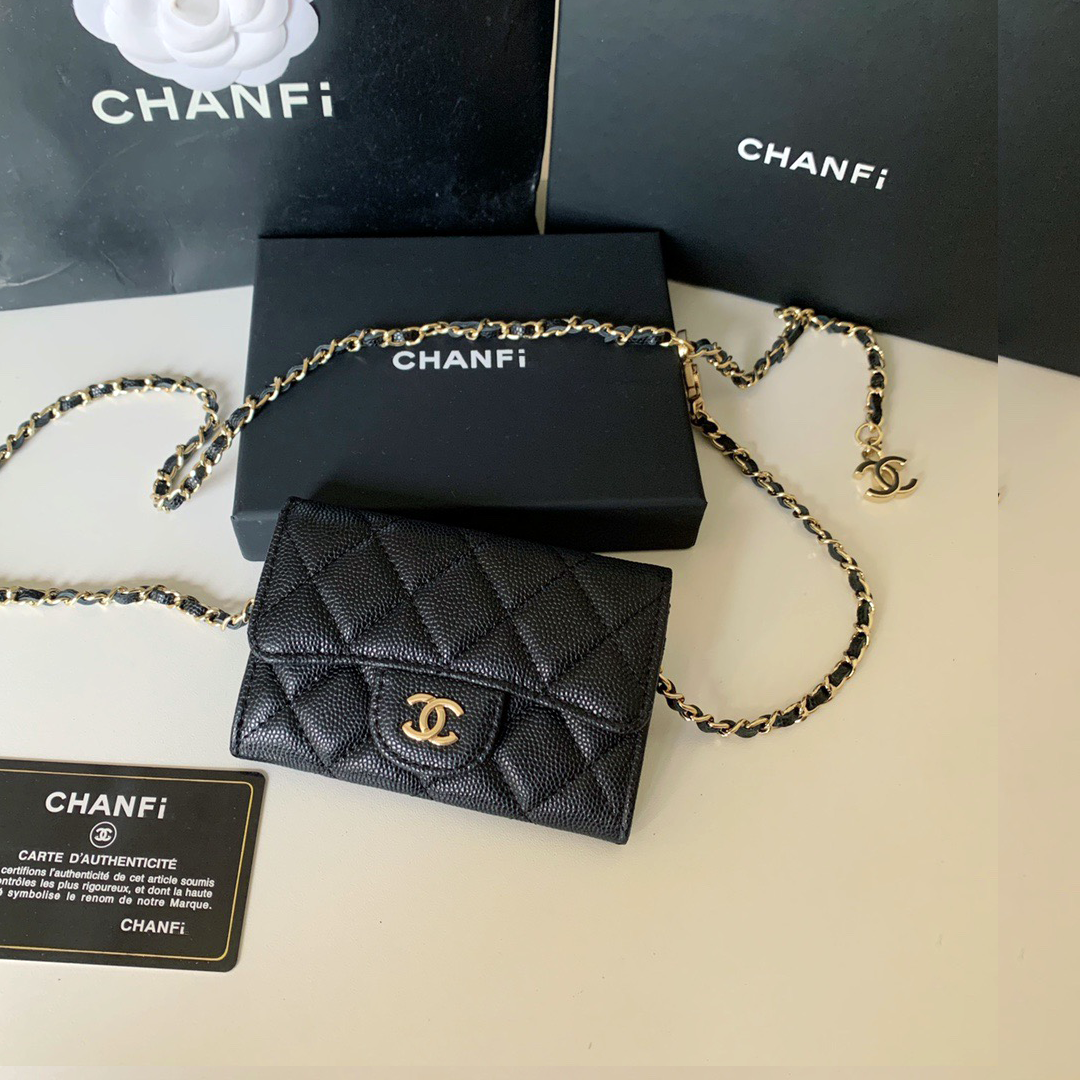 Designer Handbag, Wallet, Women's Card Holder, Caviar-Patterned Lambskin Chain Bag, Mini Shoulder Bag, Solid Color, Metal Chain, Cute Diamond Quilting, 10A