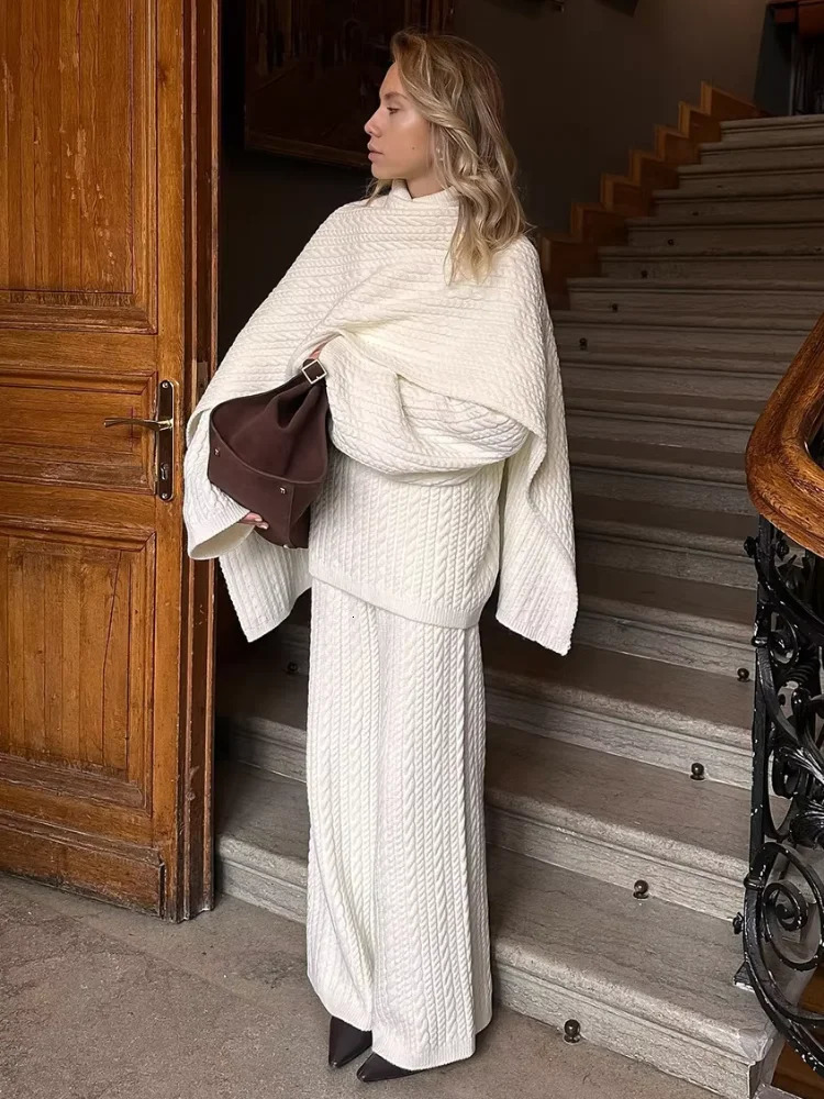 Solid Knitted Sweater Pants 2 Piece Suit Elegant Women High Collar Pullover Loose Trousers Set Autumn Winter Female Outfit 251225