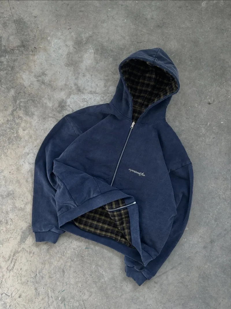 Y2K Harajuku Fashion Letter Printing Doublesided Plaid Zipper Hoodie Women Street Rock Casual Joker Couple Sweater 251225