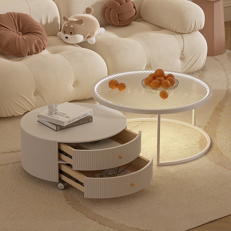 B12251 Luxury small apartment round stone slab living room coffee table with drawers and movable design