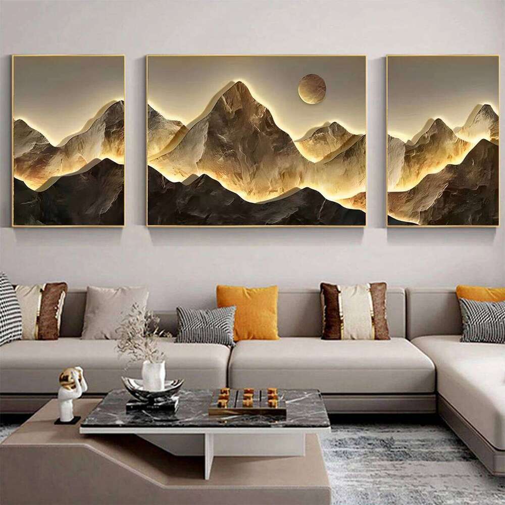 3pcs/set Flat 2D Gold Mountains Full Moon Wall Arts Prints Posters Classic Luxury Canvas Painting Home Decor Art Poster-unframed 25T1225