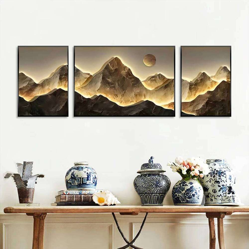 3pcs/set Flat 2D Gold Mountains Full Moon Wall Arts Prints Posters Classic Luxury Canvas Painting Home Decor Art Poster-unframed 25T1225