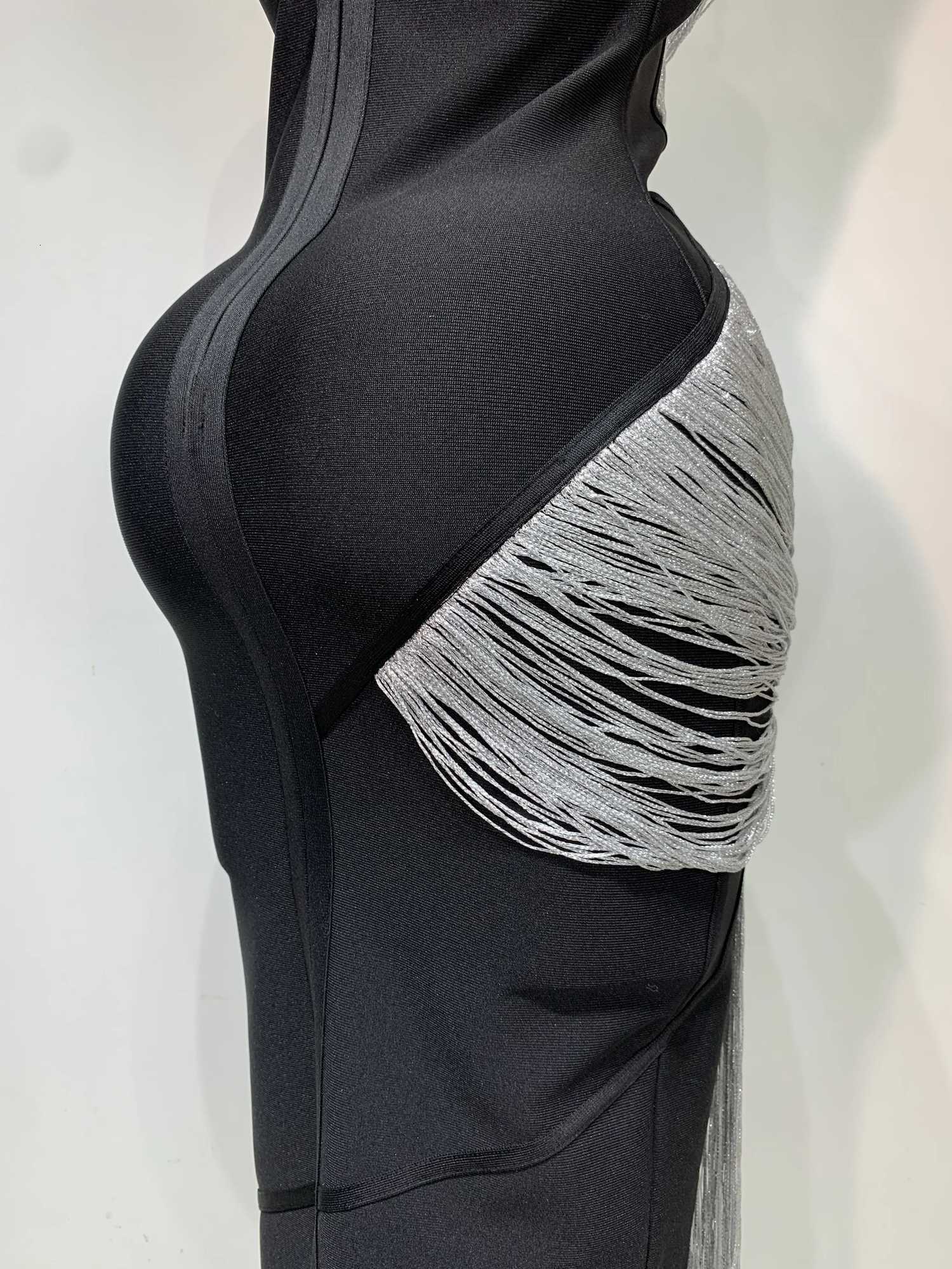 Women Sexy Slanted Collar Silver Tassel Bandage Dress Women Black Sleeveless Bodycon Dresses Evening Party Club Birthday Gowns C251225