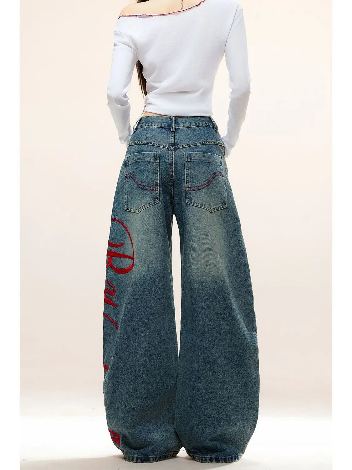 Y2K Vintage American Letter Embroidered Scimitar Baggy Jeans Women Autumn Contrast Color Harajuku Hip Hop Wideleg 251225