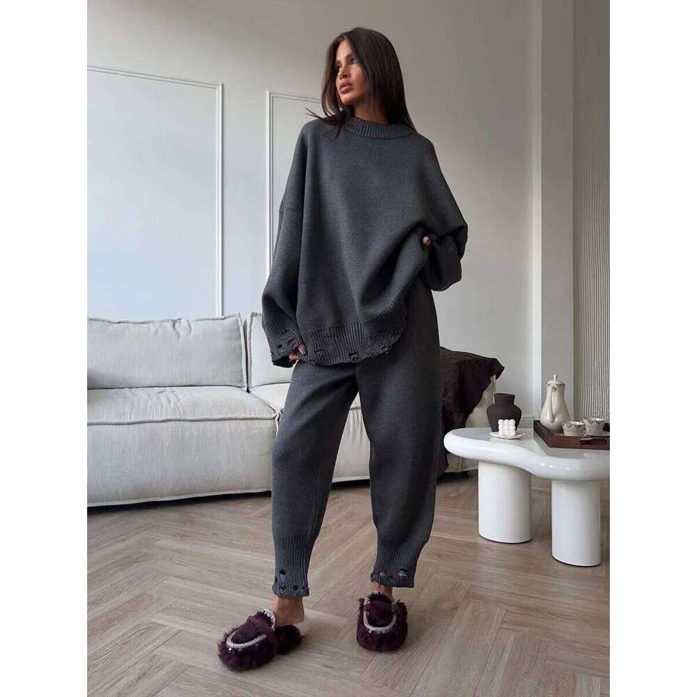 Two Piece Ripped Set Women Knit Tracksuits O Neck Long Sleeve Casual Baggy Sweatshirts Joggers Pants Outfits Fall Winter