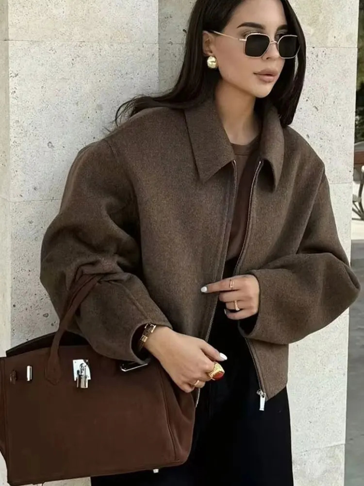 HH Fashion Brown Zipper Woolen Jacket For Women Elegant Lapel Long Sleeve Short Coats Vintage Autumn Lady Street Outerwear 251225