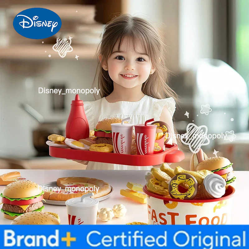Disney Kid Kitchen Toy Set Simulation Make Hamburger Pizza Fries Pretend Play Food Cooking Cutting Game Montessori Interactive Toy Gift H251225