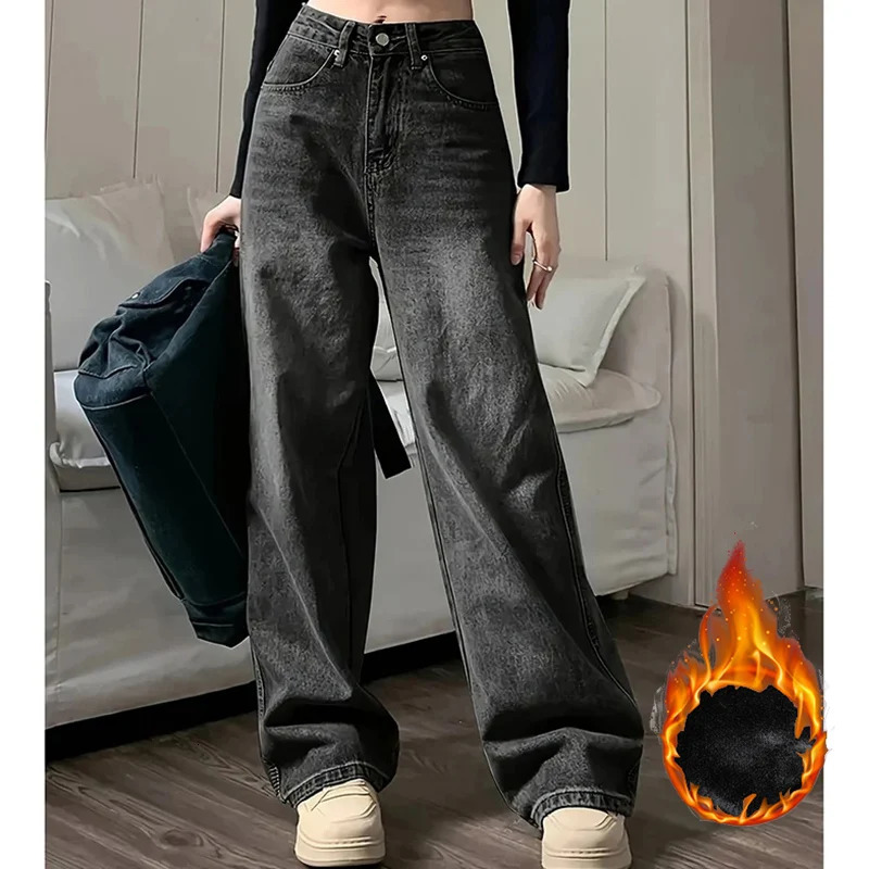 Winter Lady Plush Thermal High Waist Thin Jeans Girls Fleece Snow Warm Denim Pants Female Comfortable Straight Leg Trousers 251225
