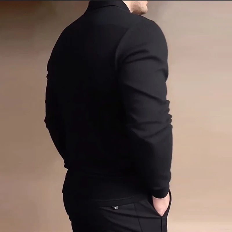 American Retro Mens Jacquard Polo Shirt Business Slim Solid Color T-shirt Leisure Lapel Long Sleeve Pullover Tops S-2XL 251225