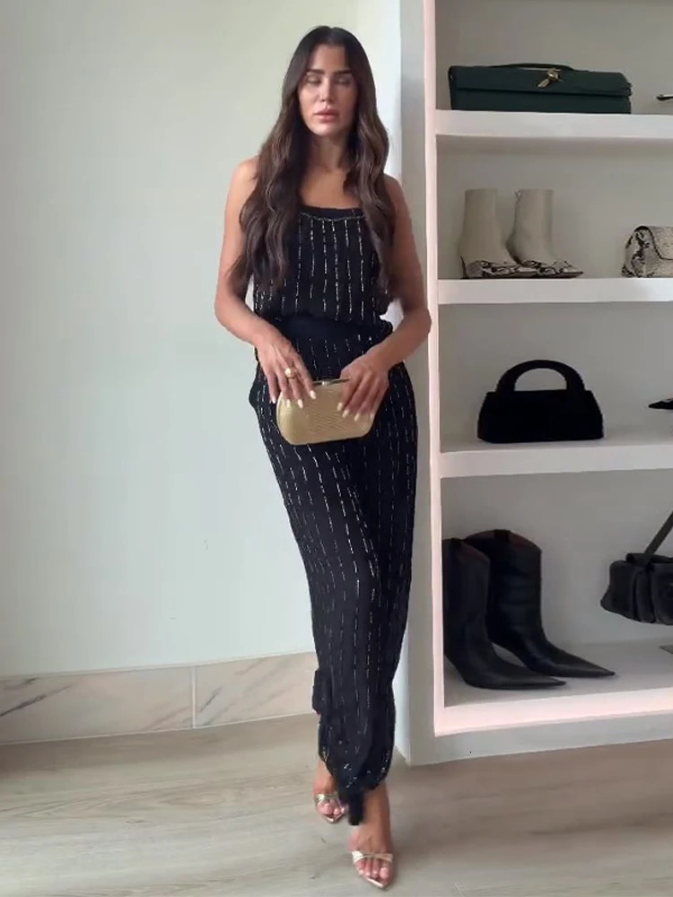2026 Women Chic Outfits Fashion Elegant Black Bead Embroidery Sleeveless Slip Tops Wideleg Pants Suit Twppiece 251225